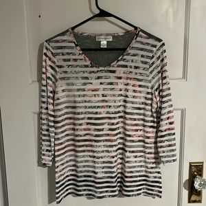 Christopher and Banks 3/4, V-neck green and peach striped t-shirt with lace back